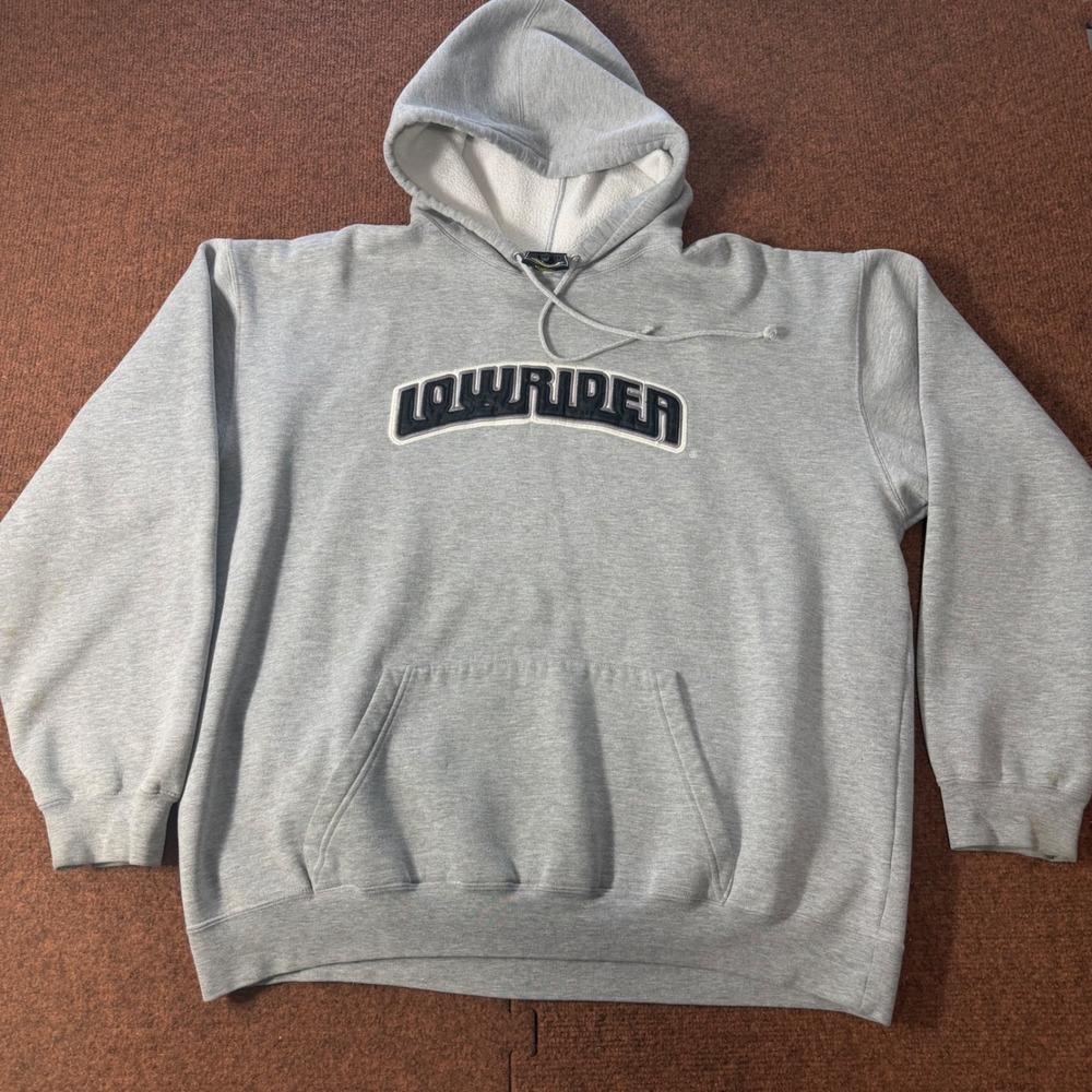 Lowrider Hoodie Mens Large Gray Tackle Twill Logo Pullover Sweatshirt Streetwear